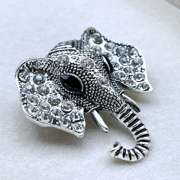 Silver with White Diamond and Black Onyx Crystal Elephant Pin Back Brooch - Picture 5 of 9